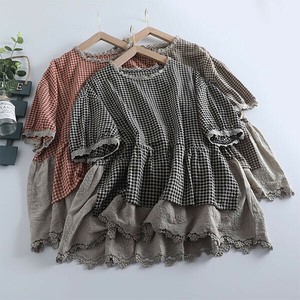 ナチュラル系ギンガムxレースデザインTシャツ・トップス【新作】