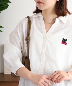 七分袖　キャットリボン　刺繍タックシャツ