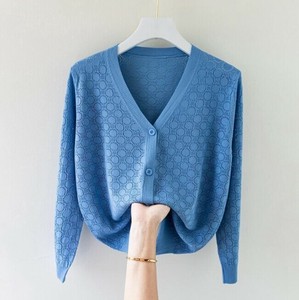 カーディガン Vネック 長袖 薄手 透かし彫り 夏 無地 ゆったり 快適 レディース ファッション BQ7544