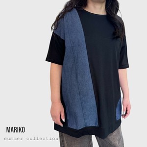 <2025夏物新作>デニム風生地切替ゆったり五分袖Tシャツ　2025夏物人気　MARICO