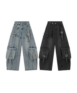 【HOOK】ストラップベルトカーゴデニムパンツ メンズ ダメージ レディース ワイド ズボン