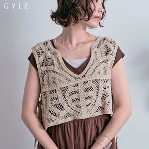 【2色】サイドリボン深Vネック クロシェ編みショートベスト レーディスベスト かぎ針編み ニット