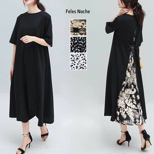 ワンピース バック切替 レイヤード風 花柄 ボタニカル柄 植物 ロング 半袖 Tシャツワンピ/全3色