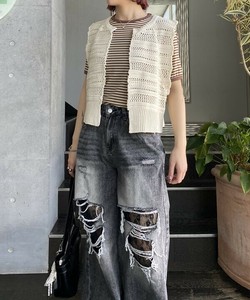 【2025春夏新作】チラッチラッレースデニム フラワーレースダメージデニムパンツ