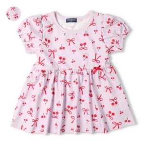 リボン・チェリー総柄チュニック半袖Tシャツ  M44844  本体綿100％、袖口・裾切替えゴム仕様、パフスリーブ