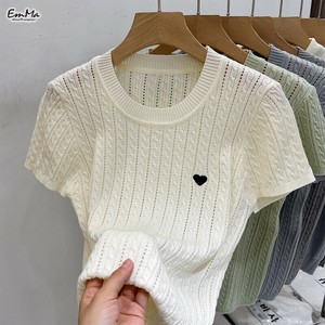 透かし編み半袖サマーニット ラウンドネック ハートワンポイント 薄手 きれいめ  EH1814【2025SS】