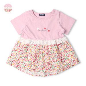 小花柄切替チュニック半袖Tシャツ  M44846  本体綿100％、異素材切替、ロゴプリント、お花モチーフ、レース