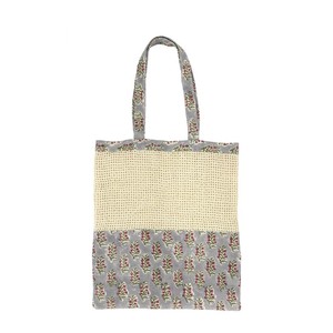 ブロックプリントジュートネットトートバッグ グレー×レッドフラワー 15625750535
