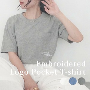 刺繍ロゴポケットTシャツ スリット カットソー 半袖 トップス 2025夏新作【即納】