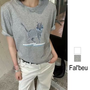 【新作】レース付き猫プリントカットソー　コットン Tシャツ　2色展開