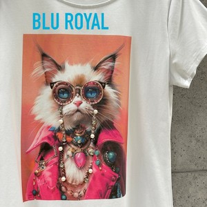 【中国/イタリア企画】ネコちゃんプリント×ビーズ・パール装飾 半袖Tシャツ BR　猫 cat