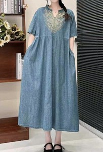 【2025春夏新作】刺繍デザインデニム地ワンピース
