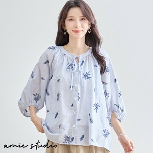 【2025新作】【M〜L】ナチュラル刺繍ブルーストライプ綿ブラウス(N72-256) (5号店)FM5