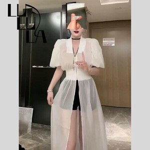 シアー素材 パフスリーブ ロングシャツワンピース　2025年 春夏 新作