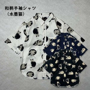 和柄半袖シャツ(水墨猫) 　日本製　　ストリート