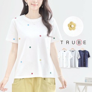 【2025新作】【M〜L】パール付きミニフラワー刺繍Tシャツ(N12-604)(1号店) FM1