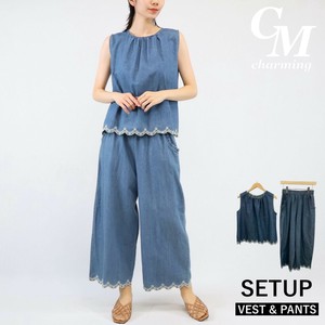 【2025年　新作】　ライトデニム　裾刺繍　ベスト＆パンツ　　セットアップ　スーツ　上下セット.