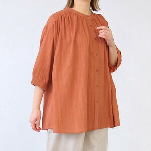 Button Shirt/Blouse Gathered Blouse Stripe Dobby 100% Cotton 7/10 length [S/S NEW]