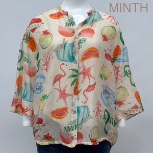 Button Shirt/Blouse Patterned Sheer Shirt Mint Band Collar S/S Made in Italy