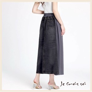 12018a　デニム素材　異素材切り替え　カットソー　ボトム　レディス