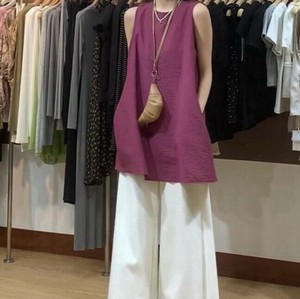 パンツスーツ シャツ ワイドパンツ ノースリーブ  無地 ゆったり 快適 レディース ファッション BQ7647