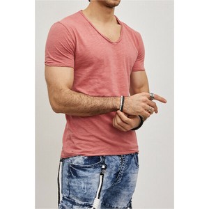 ピンク　ヘアライン　コットンTシャツ　メンズトップス　Vネック【フランスインポートMentexHomme】