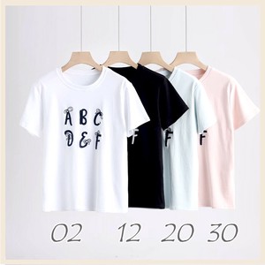 21060　綿素材　英字ロゴ刺繍　パール使い　Tシャツカットソー　レディス