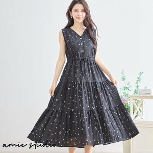 【2025新作】【L〜LL】シャイン柄シャーリングノースリーブVネックワンピース(N82-324)（7号店）FM7