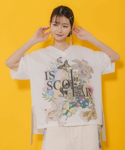 ロゴ花蝶柄 スリット入りTシャツ