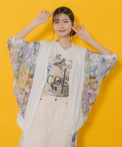 紫陽花のある海辺のお部屋柄 チュール切替カーディガン