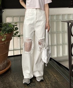 【2025春夏新作】チラリチラリレースPT レースダメージホワイトデニムパンツ