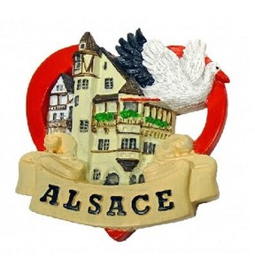 【フランスより直輸入】マグネット　ALSACE　木組みの建物とコウノトリ