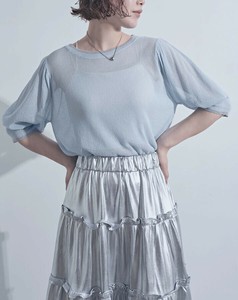 【30％OFF!全4色】12G鹿の子編パフスリーブ配色トップス　サマーニット　ニット