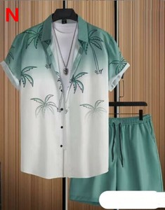 パンツスーツ 2点セット 花柄 半袖 シャツ+ショートパンツ  快適 メンズ ファッション ABQ1320