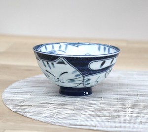 茶碗　まったりネコ　青