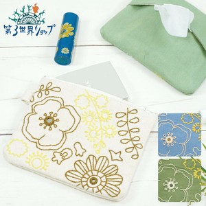 ミラー刺繍 ティッシュポーチ ミモザと花柄　【フェアトレード】【インドの手刺繍】