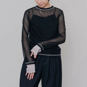 スリーブメッシュ配色ステッチシアーTOPS