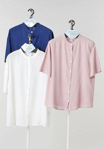 Button Shirt/Blouse Band Collar Blouse Rayon Short Sleeve