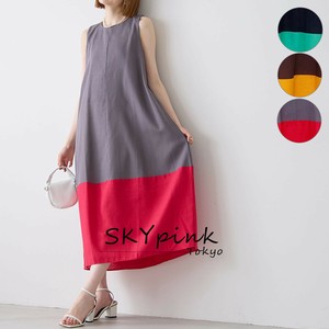 【2025SS新作】リネン混裾バイカラーノースリーブワンピース　配色　SKYpink東京