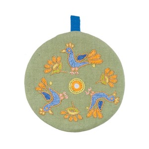 ミラー刺繍 ミニまるポーチ 鳥（セージグリーン）【フェアトレード】【インドの手刺繍】