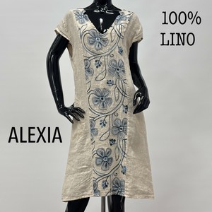 【イタリア製】ALEXIA 麻×コットン ボタニカル刺繍 切替えデザイン リネンワンピース