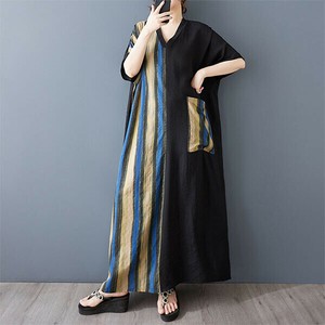 Casual Dress Beige Stripe Long Dress V-Neck