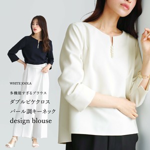 【UV CUT･速乾・接触冷感･防シワ】ダブルピケクロス・パール調キーネックデザインブラウス