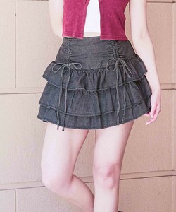 リボン付きティアードデニムミニスカパン