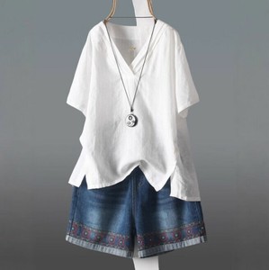 Tシャツ  コットンリネン  半袖 Vネック 無地 ゆったり 快適 レディース ファッション  MBQ565