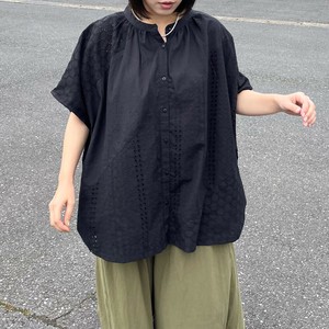 即納【2025新作】レース切替バンドシャツ　半袖　インド綿　体型カバー　大人　ナチュラル　夏　チュニック