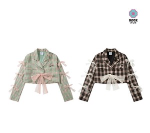 【HOOK】for girls チュールリボン付きチェック柄ジャケット レディース セットアップ可能