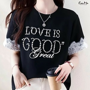 半袖Tシャツ イミテーションパール アルファベット 袖刺繍 【2025SS】 ONA1018