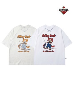 【HOOK】 -original-　アメリカンカートゥーン釣り猫プリントラグランスリーブTEE