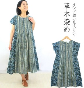 Casual Dress Pintucked Patchwork Indian Cotton French Sleeve Block Print